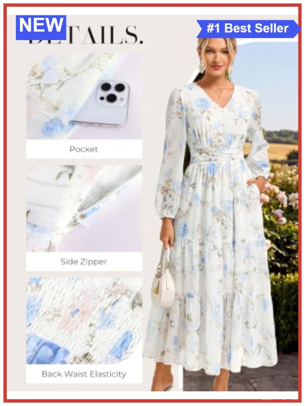 Floral Maxi Dress V-Neck Lantern Sleeve Formal Wedding Guest Long Sleeve - Picture 3 of 6